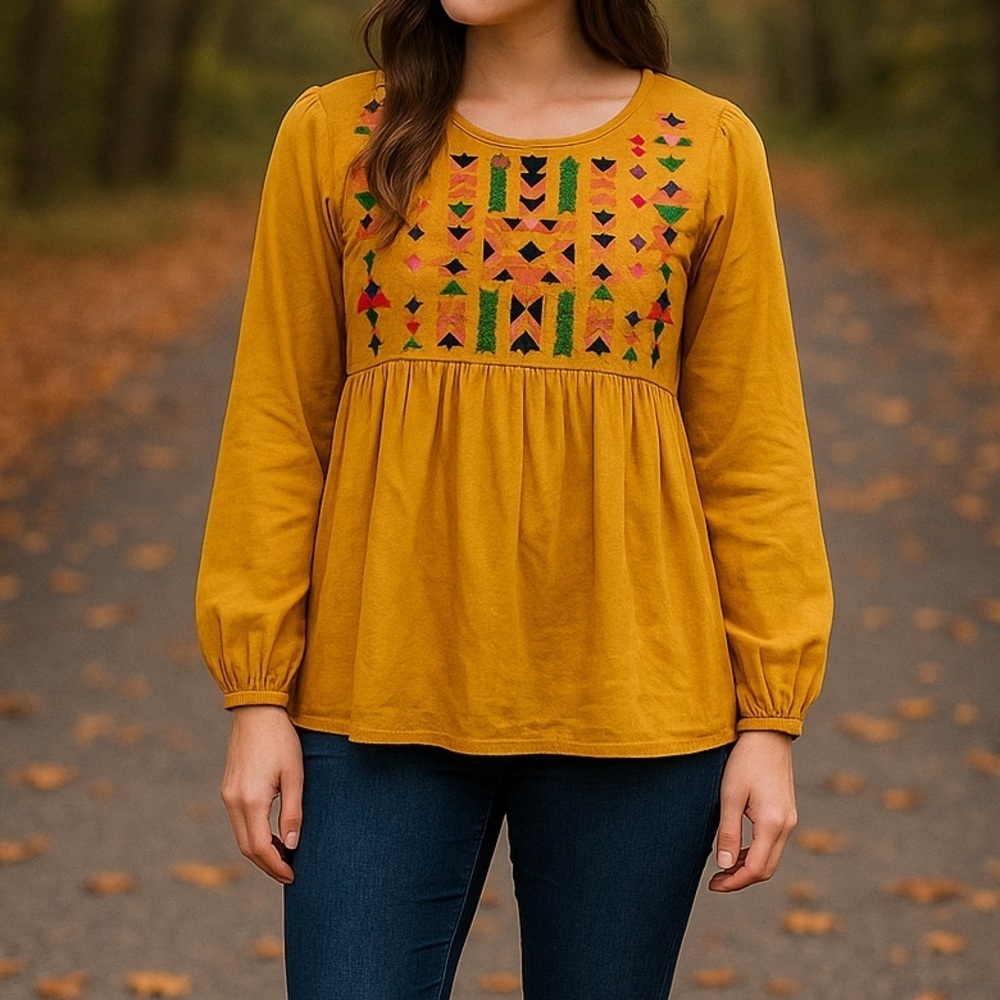 Rowdy Crowd Guadalupe Embroidered Mustard Yellow Aztec Print Blouse Sz XL